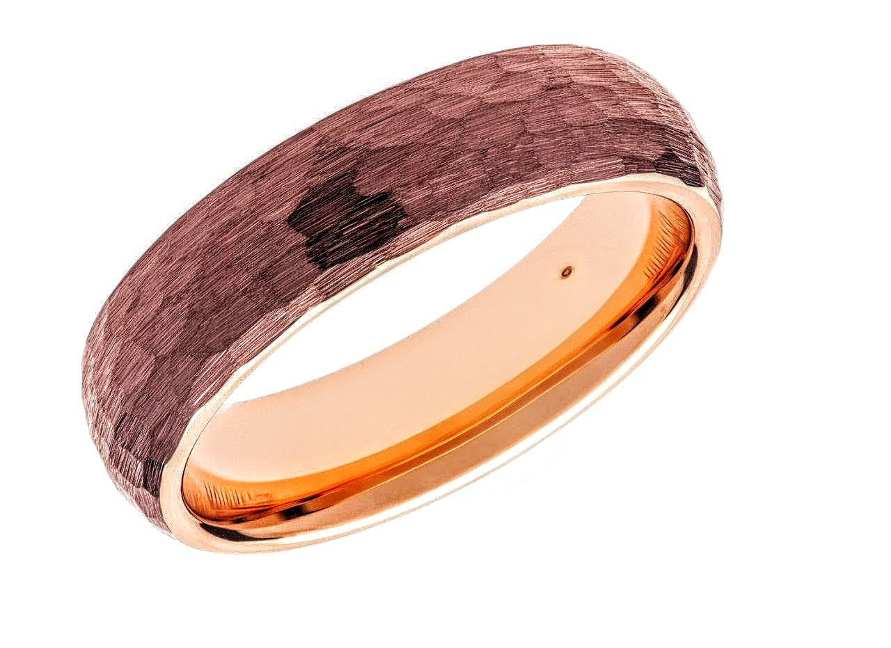 Hammered Tungsten Carbide Ring with Brown and Rose IP Plating