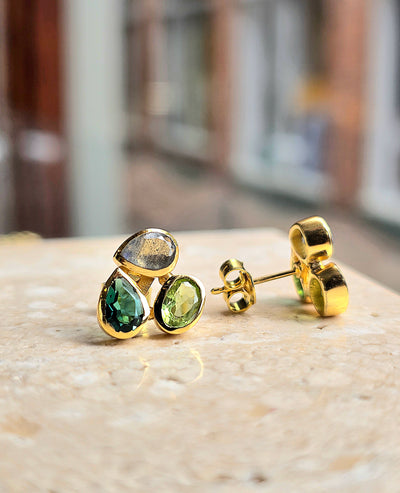 18ct Gold Vermeil Three Stone Stud Earrings