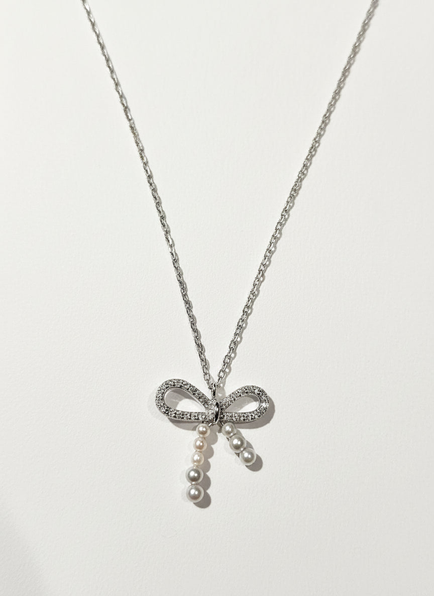 Sterling Silver Pearl Cubic Zirconia Bow Pendant Necklace