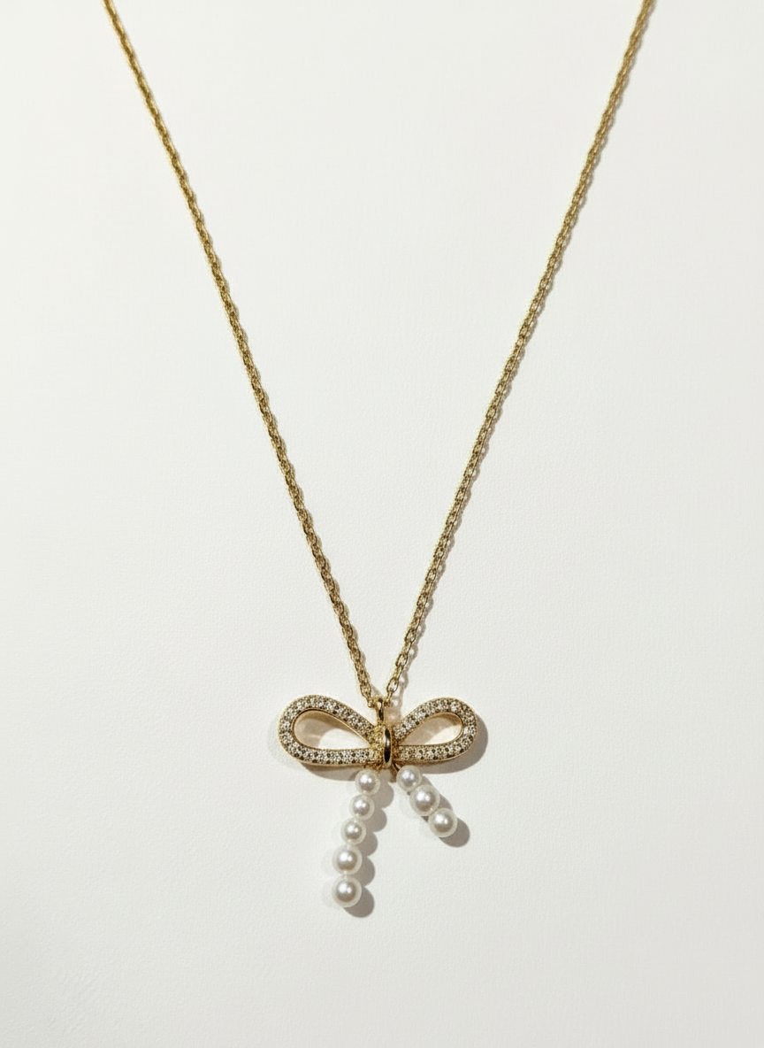 Sterling Silver Pearl Cubic Zirconia Bow Pendant Necklace