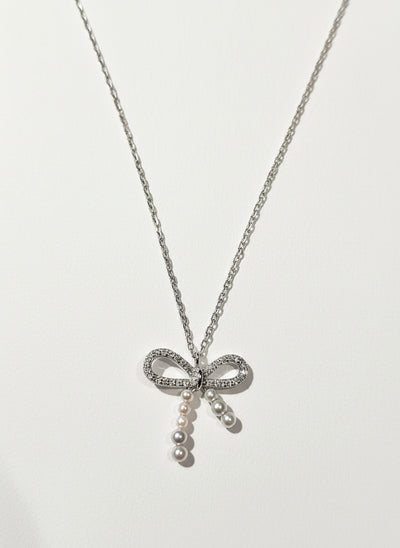 Sterling Silver Pearl Cubic Zirconia Bow Pendant Necklace