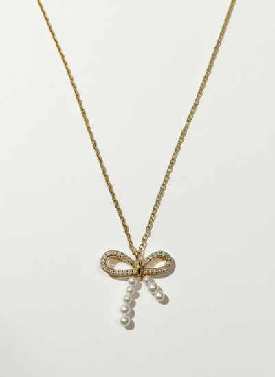 Sterling Silver Pearl Cubic Zirconia Bow Pendant Necklace