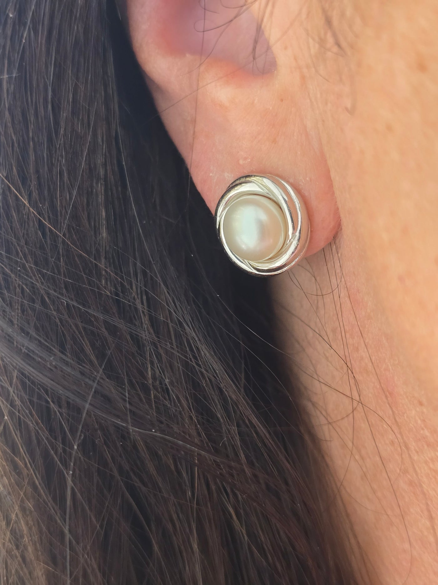 Sterling Silver Swirl Button Pearl Clip Earrings