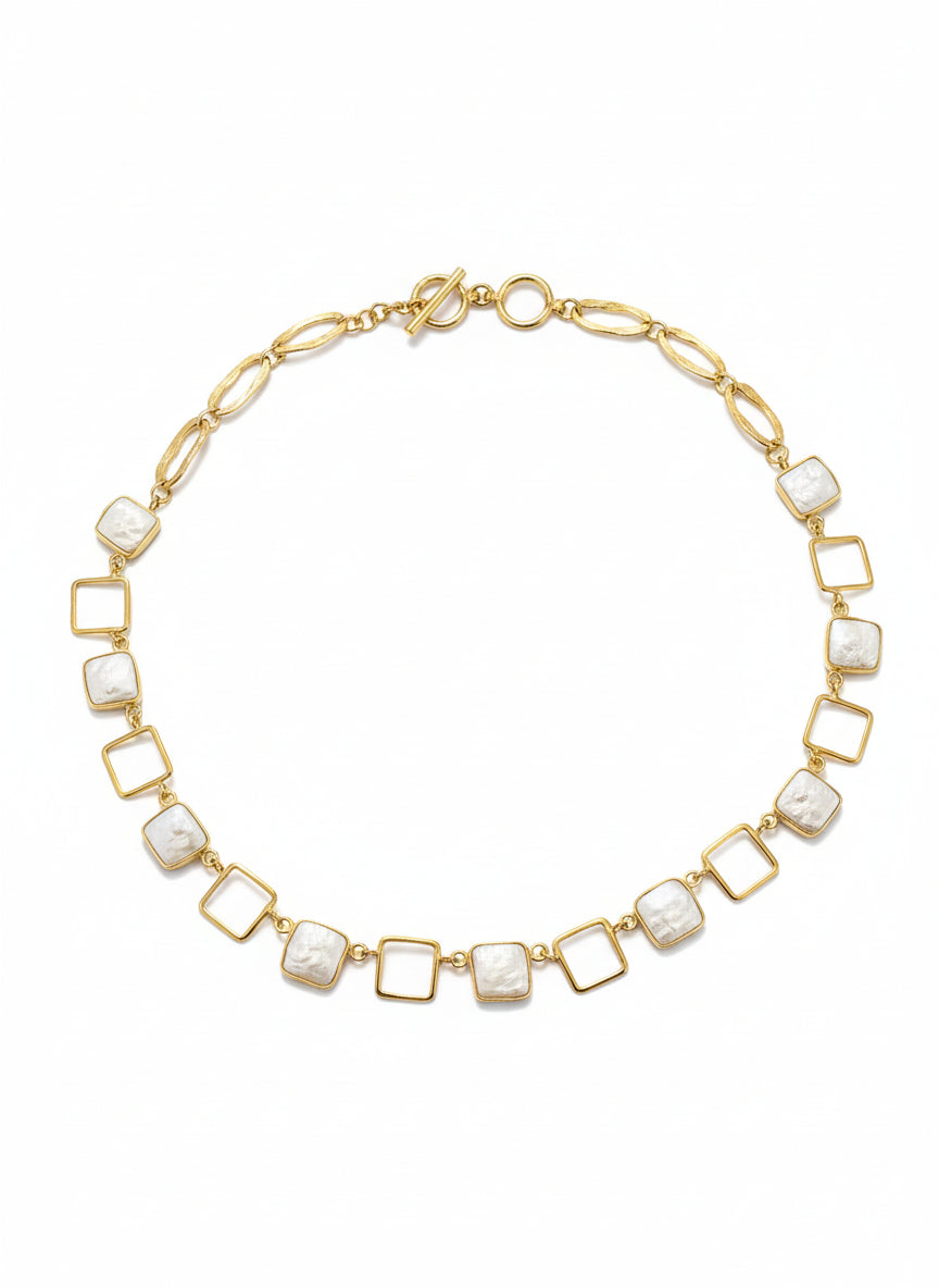 Gold Vermeil Open Square Pearl Link Necklace