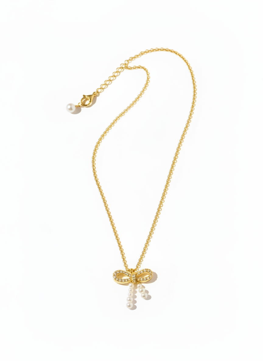 Sterling Silver Pearl Cubic Zirconia Bow Pendant Necklace