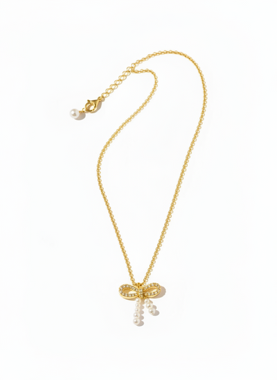 Sterling Silver Pearl Cubic Zirconia Bow Pendant Necklace