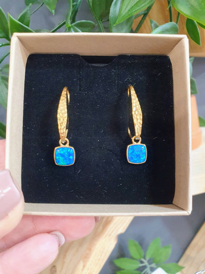 Lavan Gold and Blue Opal Square Drop Earrings