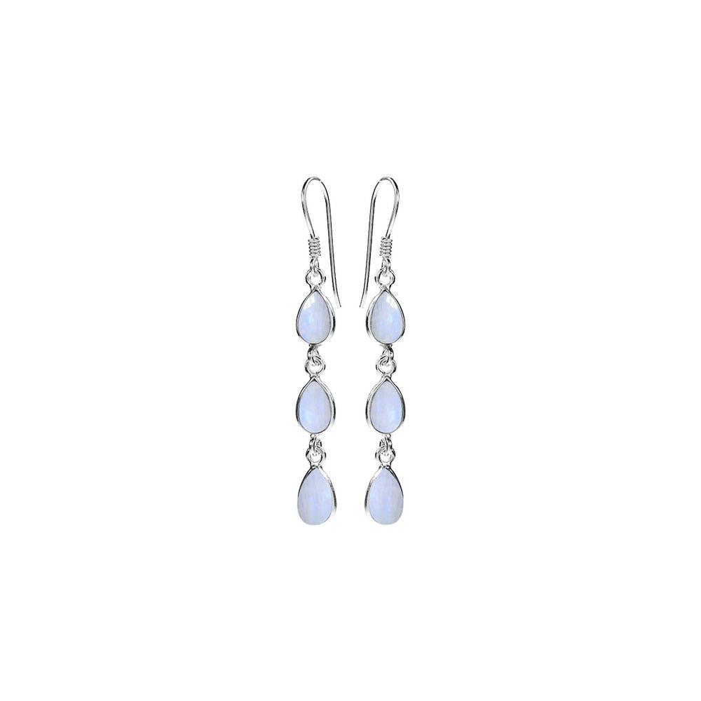 Silver Triple Teardrop Bezel-Set Rainbow Moonstone Earrings