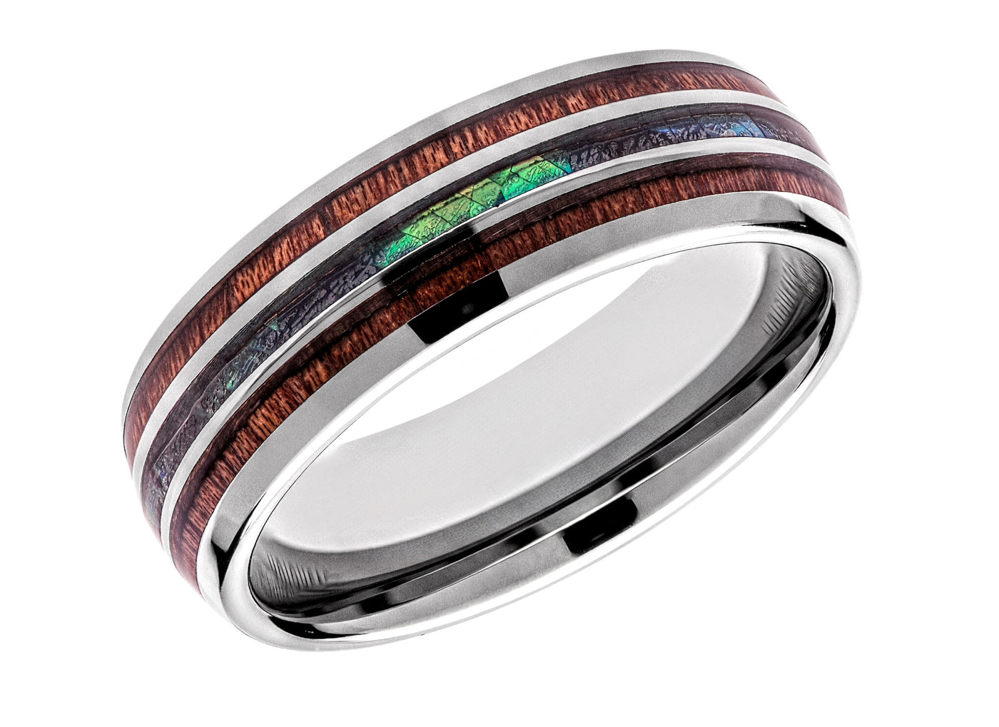 Tungsten Carbide Ring with Abalone Shell and Wood
