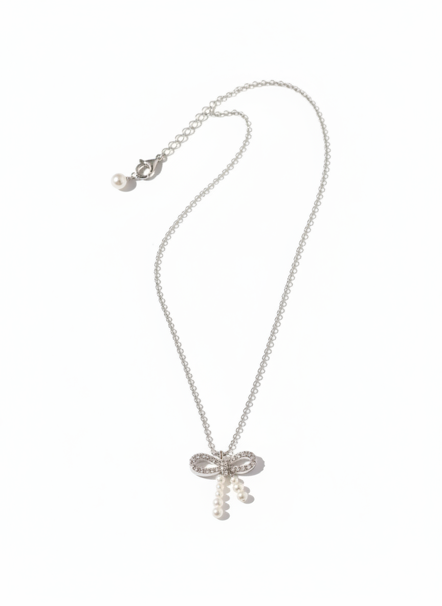 Sterling Silver Pearl Cubic Zirconia Bow Pendant Necklace