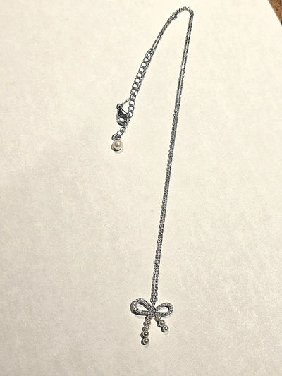 Sterling Silver Pearl Cubic Zirconia Bow Pendant Necklace