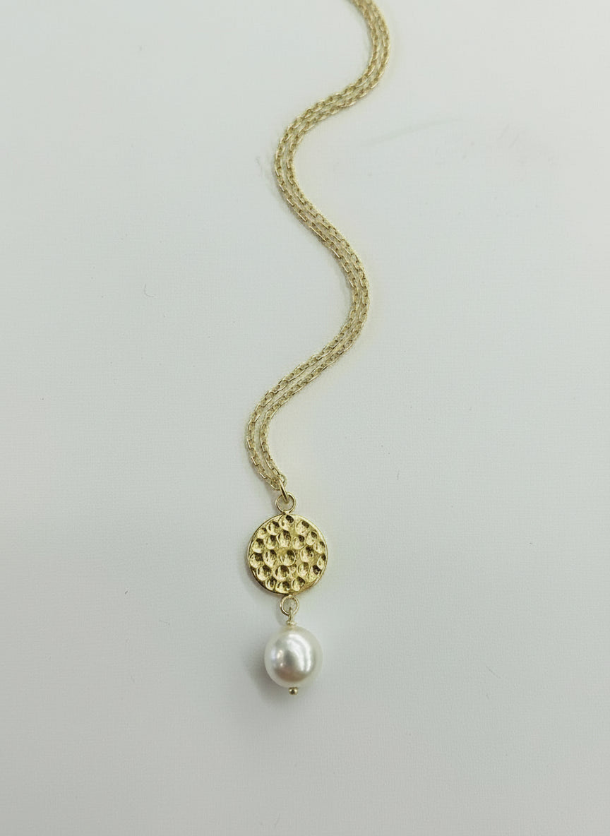 Sterling Silver Pearl Hammered Disc Pendant Necklace