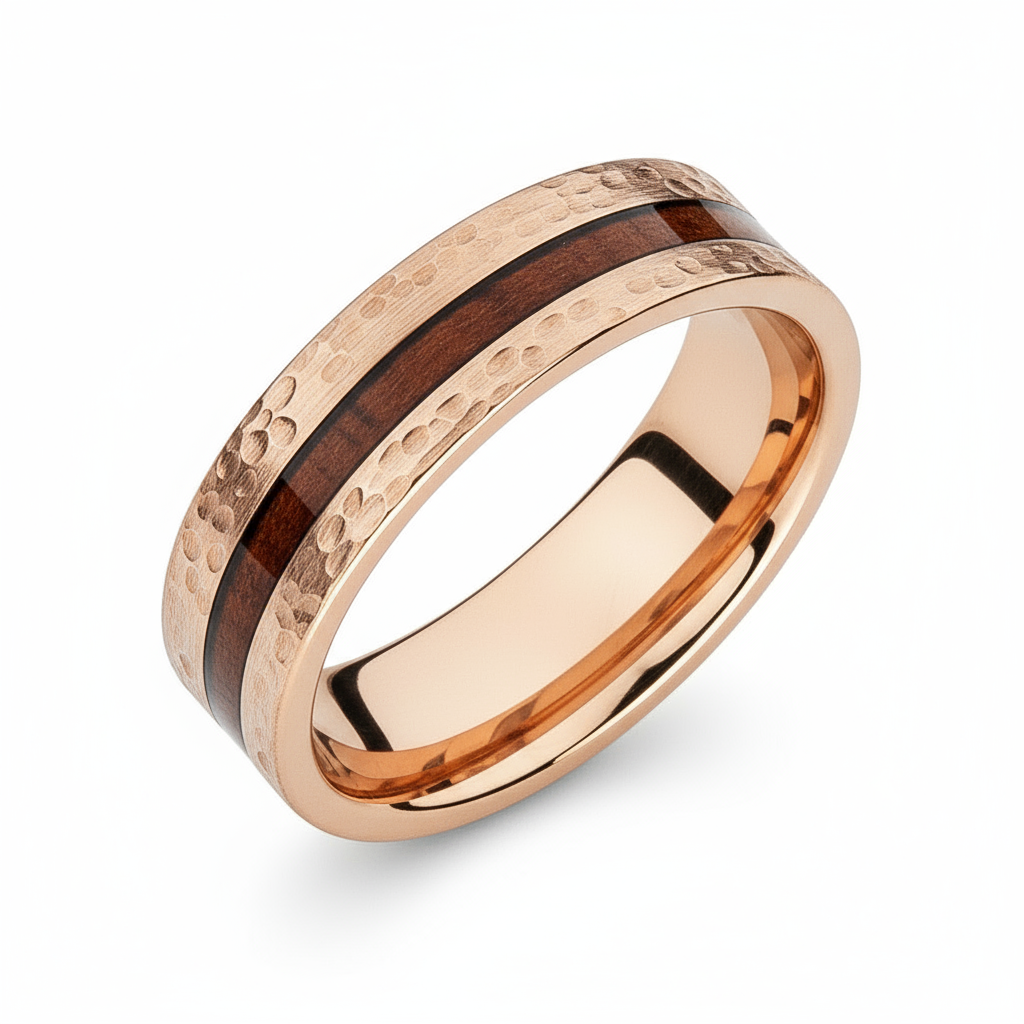 Wood Inlay with Hammered Rose Gold IP Ring – Rococo Jewellery