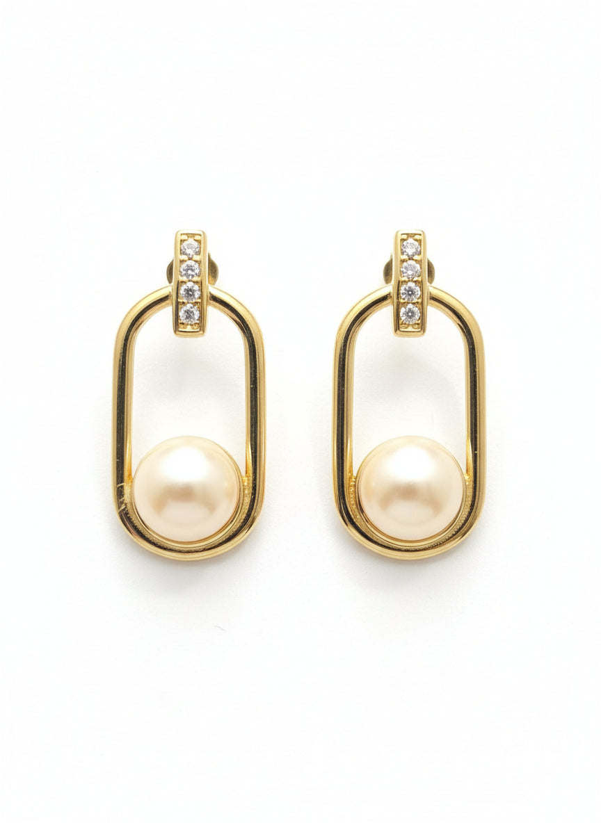 Sterling Silver Pearl Cubic Zirconia Rectangle Earrings