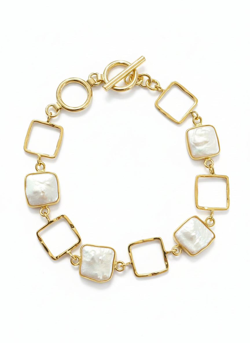 Gold Vermeil Open Square Link & Square Pearl Bracelet