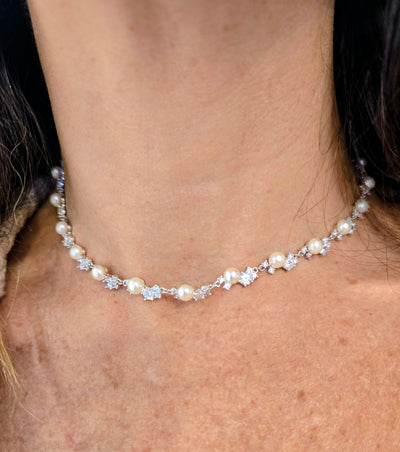Sterling Silver Pearl & Cubic Zirconia Necklace