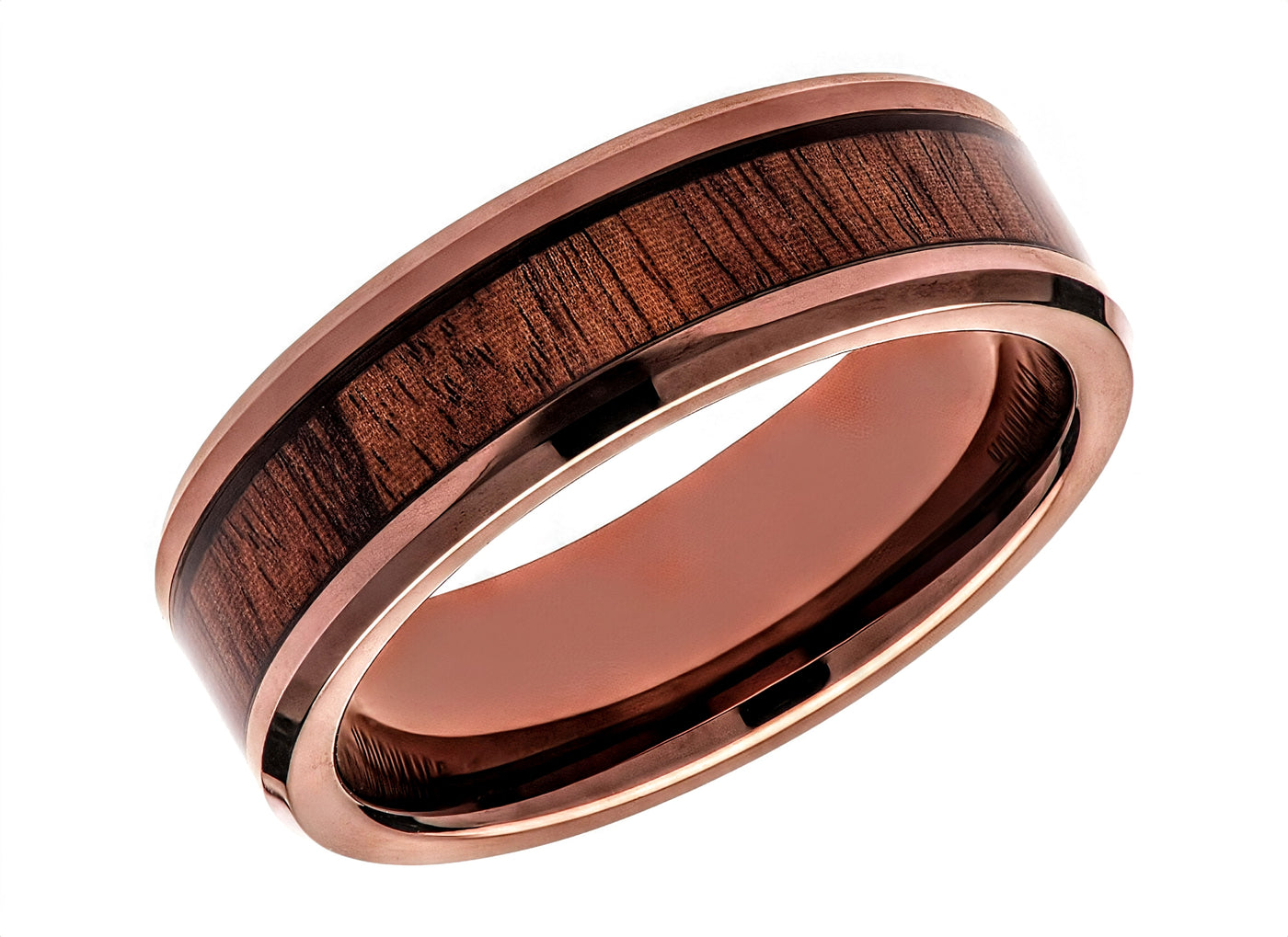 Flat Court Tungsten Carbide Ring with Wood and Brown IP Plating