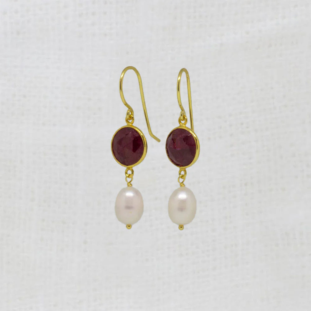 18ct Gold Vermeil Ruby Pearl Drop Earrings