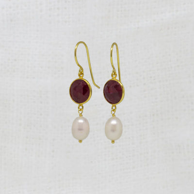 18ct Gold Vermeil Ruby Pearl Drop Earrings