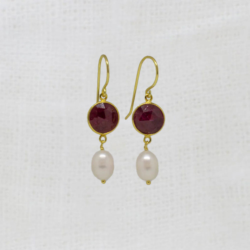 18ct Gold Vermeil Ruby Pearl Drop Earrings