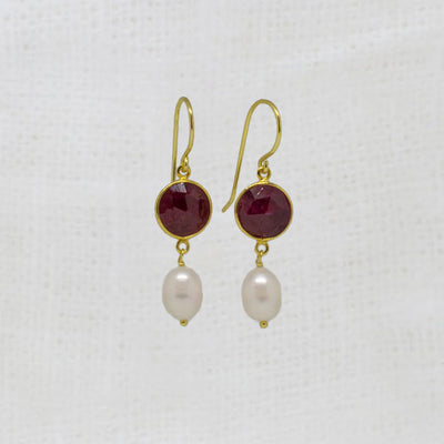 18ct Gold Vermeil Ruby Pearl Drop Earrings