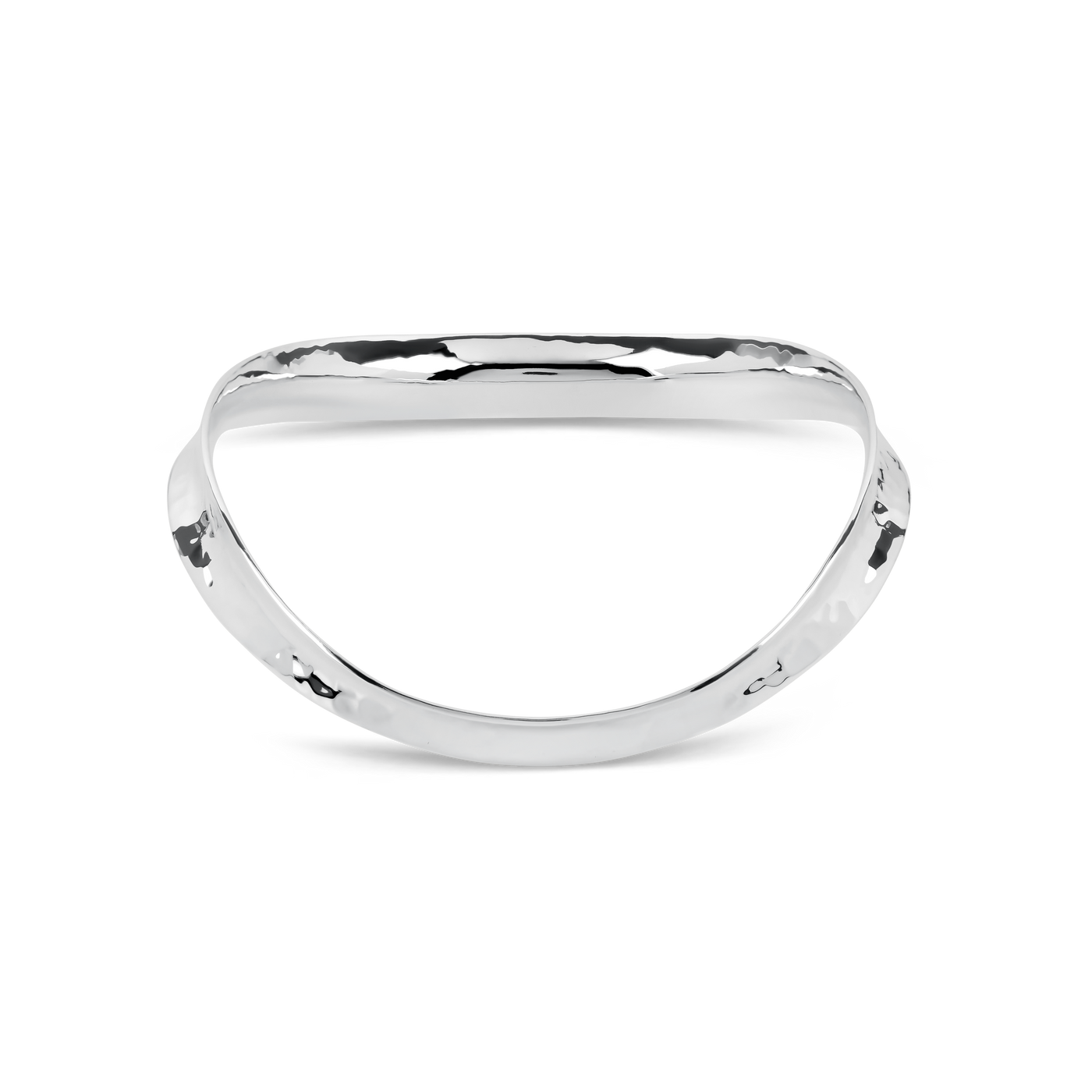 Silver bangle with a hammered finish on a white background.