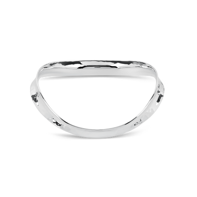 Silver bangle with a hammered finish on a white background.