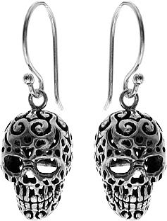 Silver Small Antique Look Ornate Cut-Out Skull Earrings