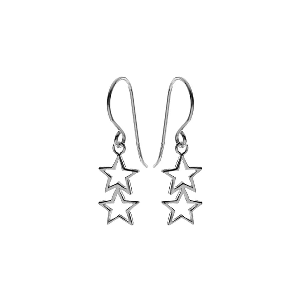 Sterling Silver Double Star Outline Drop Earrings