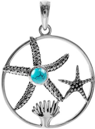 Sterling Silver Turquoise Starfish and Coral Pendant