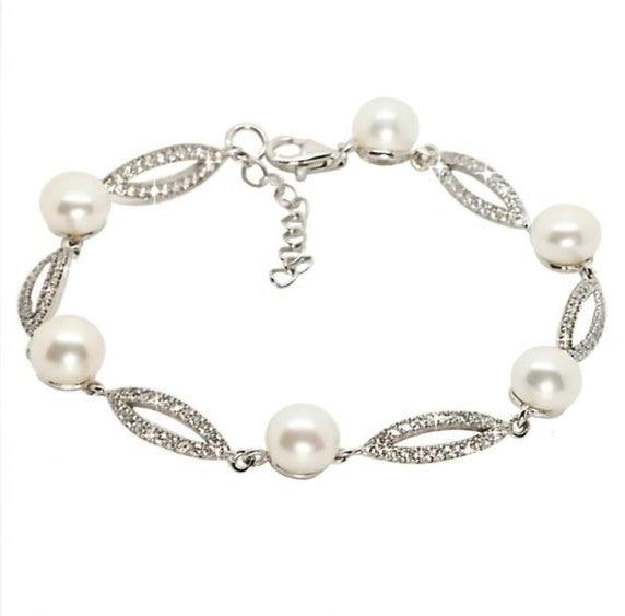 Sterling Silver Pearl and Cubic Zirconia Marquis Style Bracelet - Rococo Jewellery