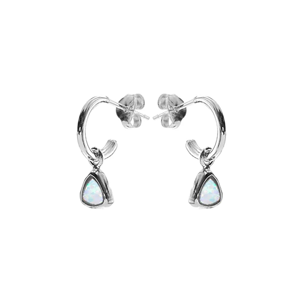 Sterling Silver White Opal Trillion-Cut Stud Hoop Earrings