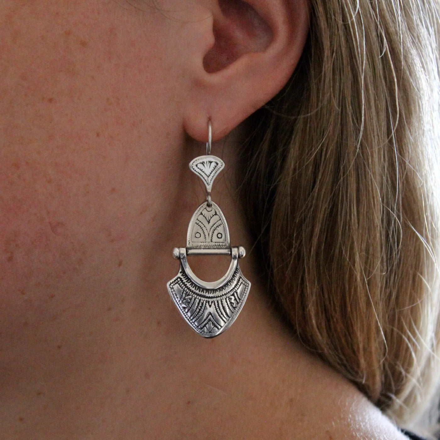 Sterling Silver Engraved Tuareg Hinged Drop Earrings