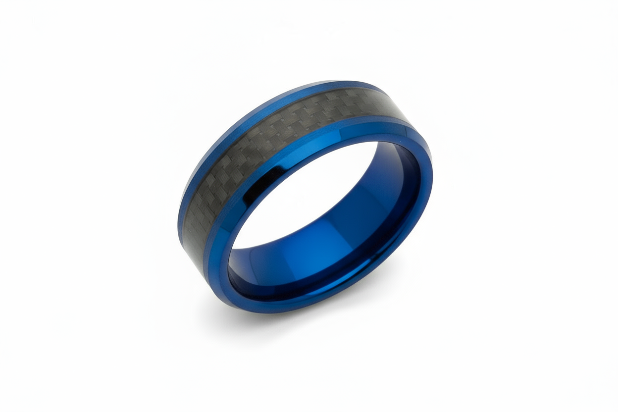 Tungsten Ring with Black Carbon Fibre and Blue IP