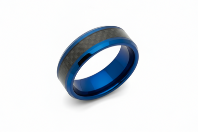 Tungsten Ring with Black Carbon Fibre and Blue IP