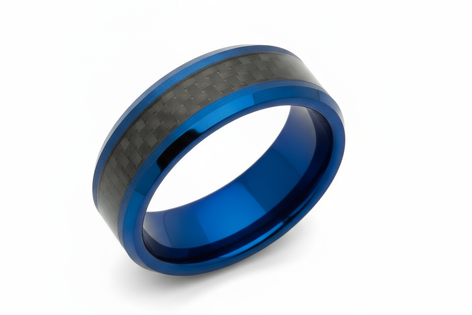 Tungsten Ring with Black Carbon Fibre and Blue IP