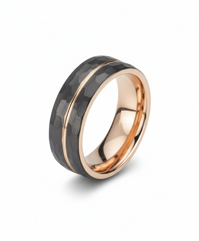 Hammered Black Tungsten Rose Gold Band Ring