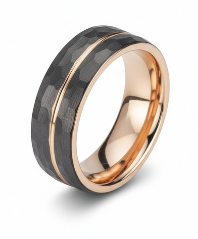 Hammered Black Tungsten Rose Gold Band Ring