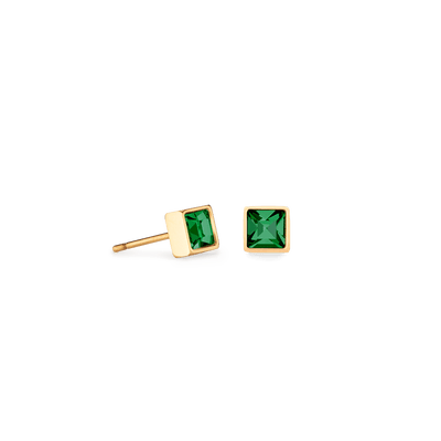 Coeur De Lion Brilliant Square Gold and Dark Green Crystal Stud Earrings - Rococo Jewellery