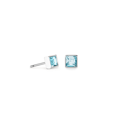 Coeur De Lion Brilliant Square Silver and Aqua Crystal Stud Earrings - Rococo Jewellery
