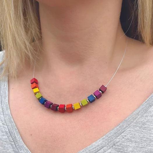 Carrie Elspeth Rainbow Wooden Cubes Links Necklace - Rococo Jewellery
