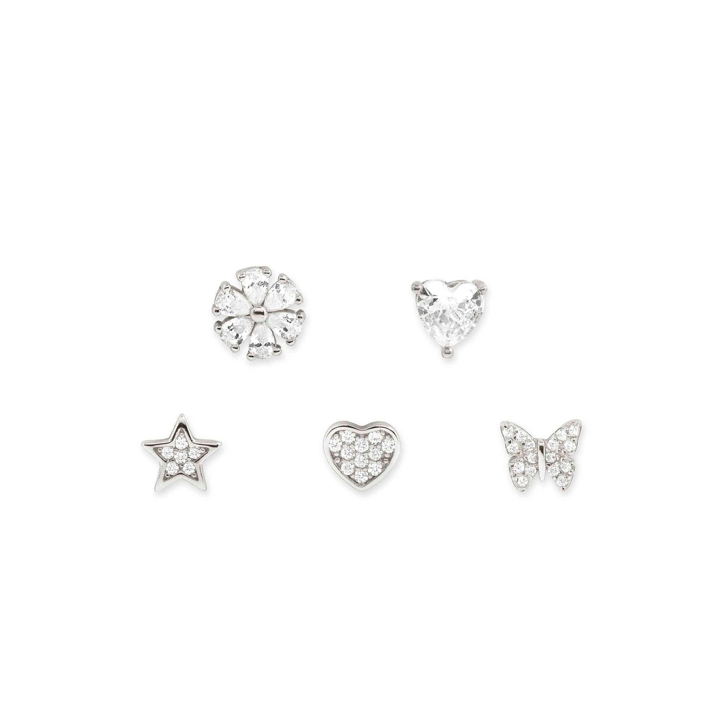 Sweetrock Nature White Cubic Zirconia Stud Earrings - Set of 5 Singles - Rococo Jewellery