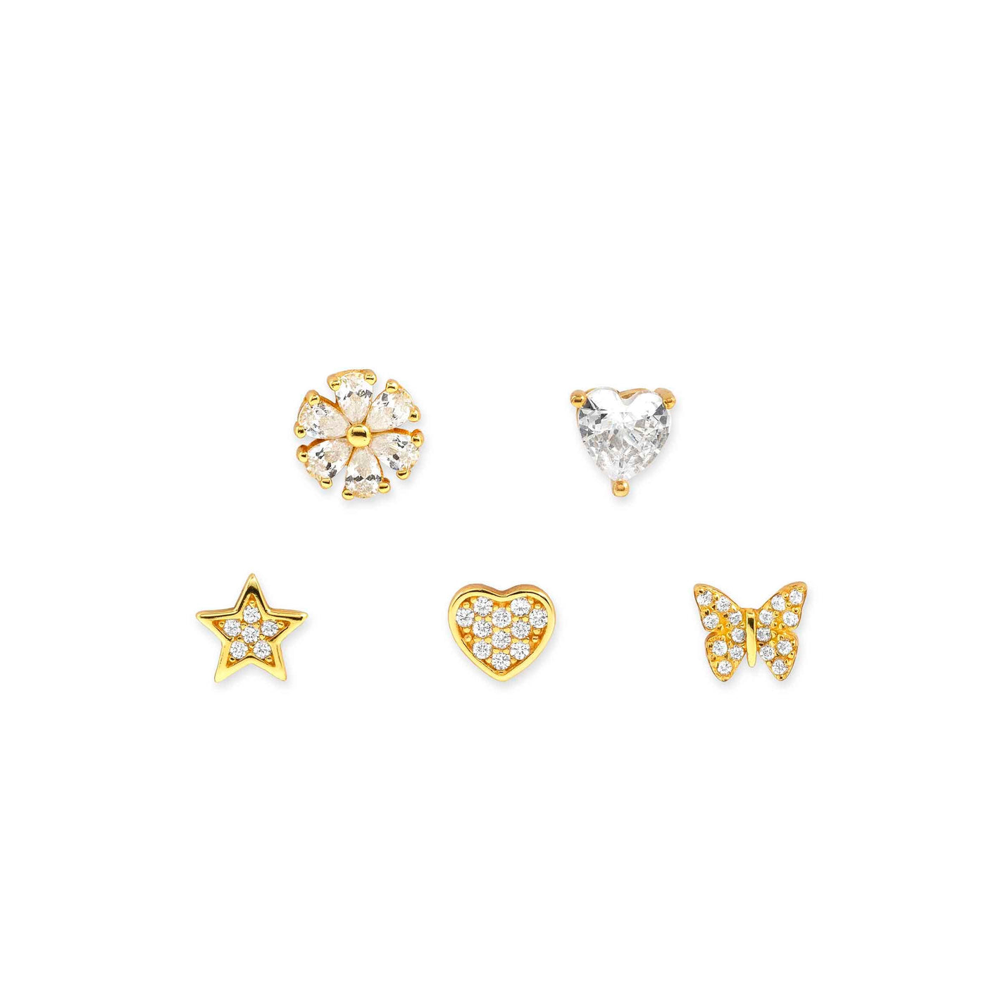 Sweetrock Nature Yellow Gold White Cubic Zirconia Stud Earrings - Set of 5 Singles - Rococo Jewellery