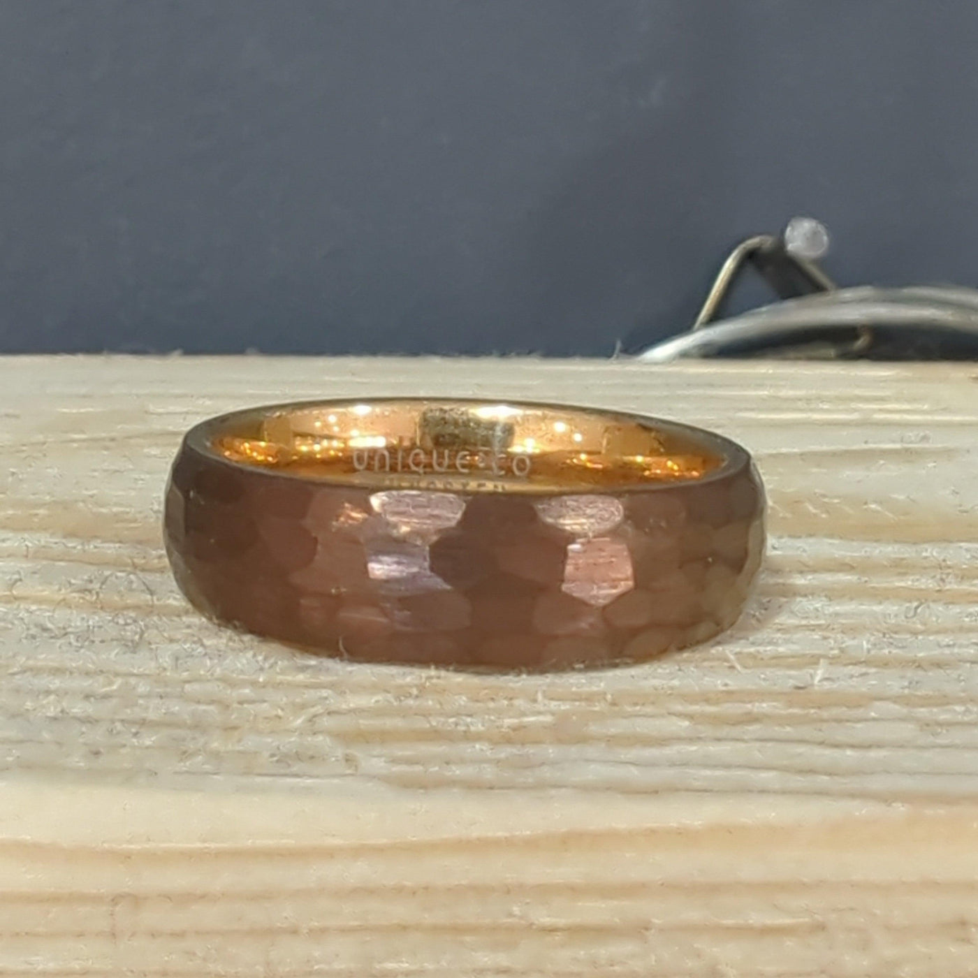 Unique & Co 6mm Hammered Tungsten Carbide Ring with Brown and Rose IP Plating - Rococo Jewellery