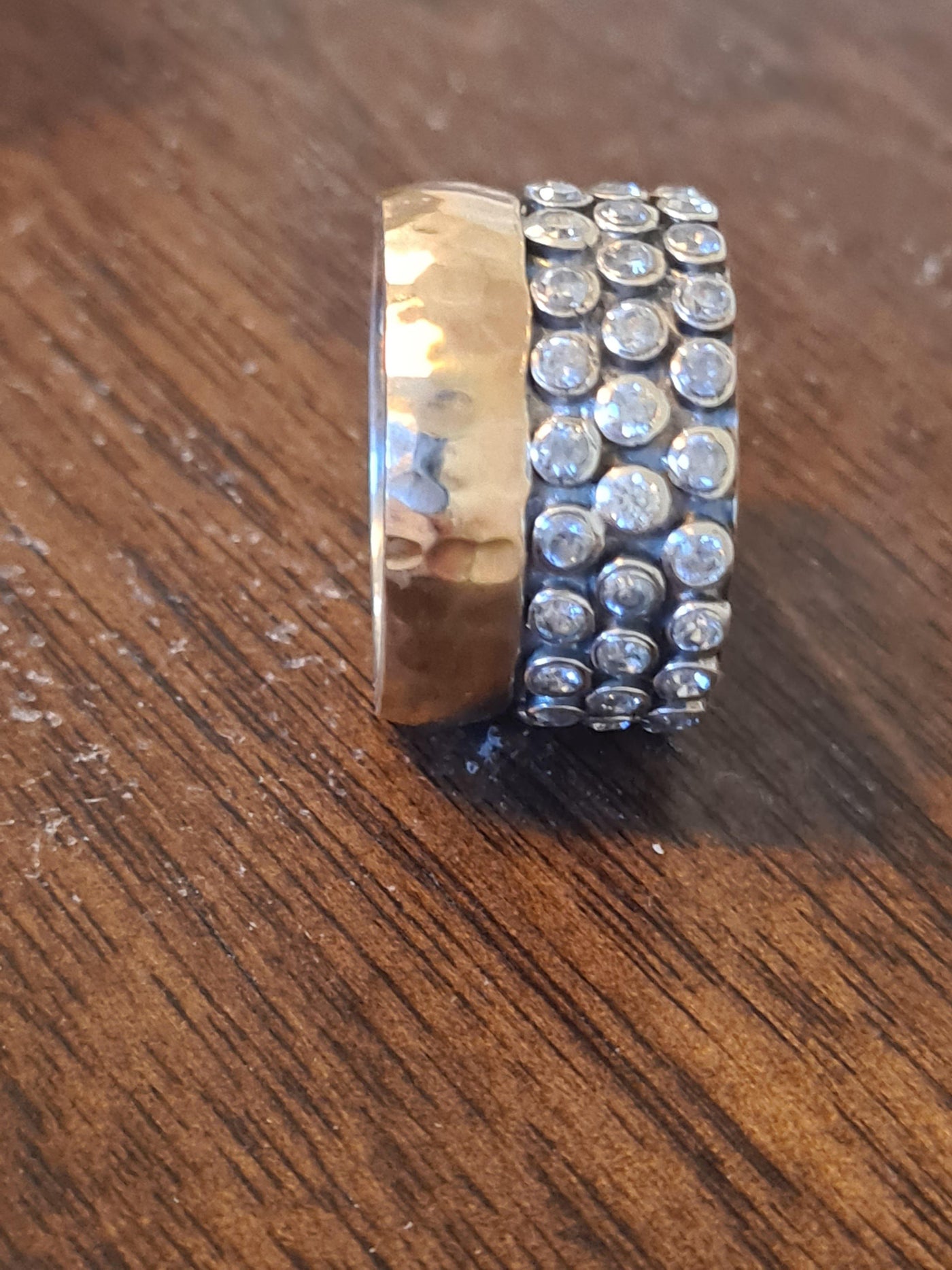 Yaron Morhaim 9ct Gold and Oxidised Silver Band with Cubic Zirconia Stones - Rococo Jewellery