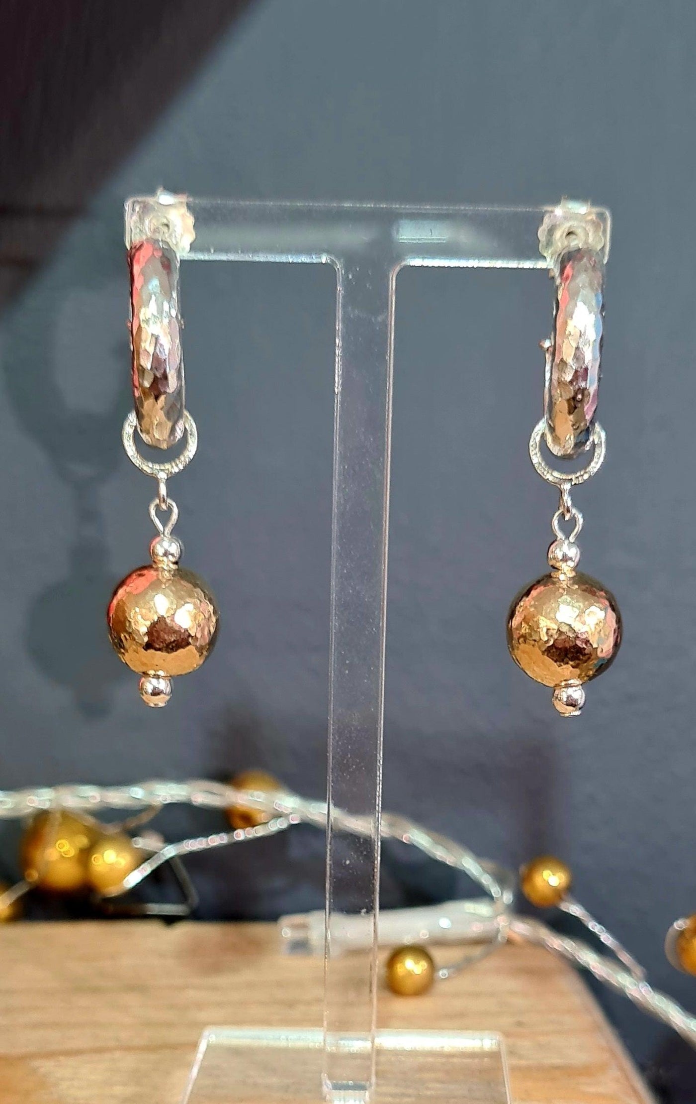 14ct Rolled Gold Sphere Hammered Hoop Earrings - Rococo Jewellery
