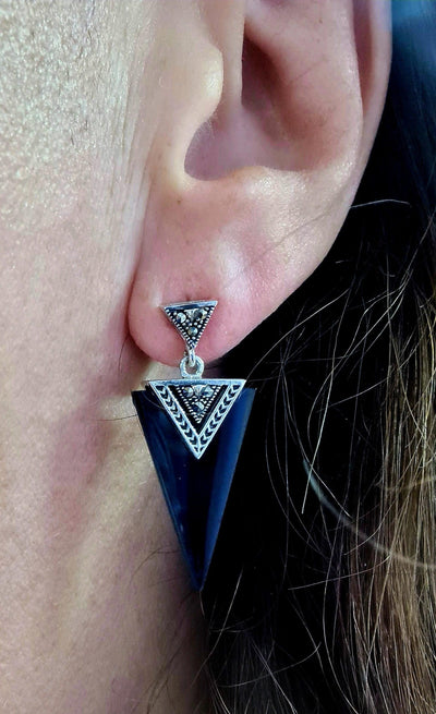 Black Agate & Marcasite Art Deco Triangle Drop Earrings - Rococo Jewellery