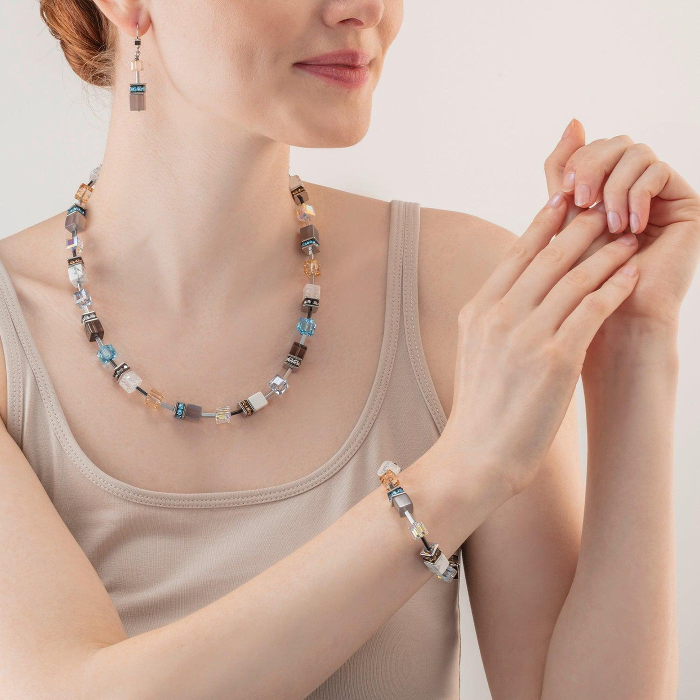 Coeur De Lion Aqua-Beige Iconic GeoCUBE® Necklace - Rococo Jewellery