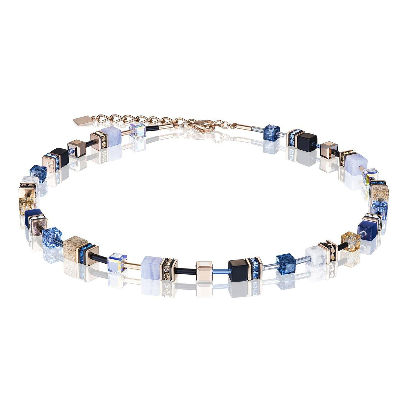 Coeur De Lion Blue Beige Gemstones and Swarovski® Crystals GeoCUBE® Necklace - Rococo Jewellery