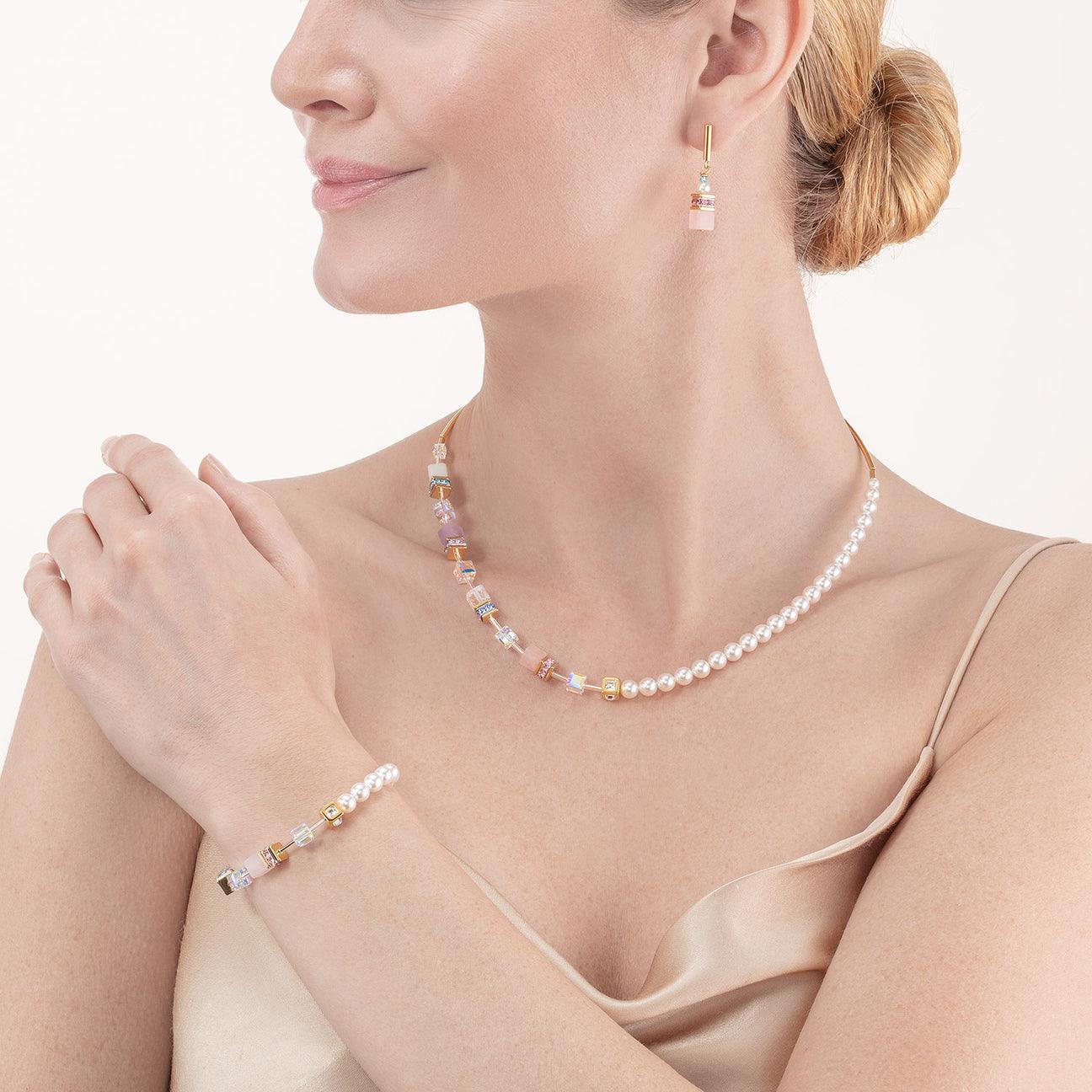 Coeur de Lion Pastel GeoCUBE® and Precious Pearls Fusion Necklace - Rococo Jewellery